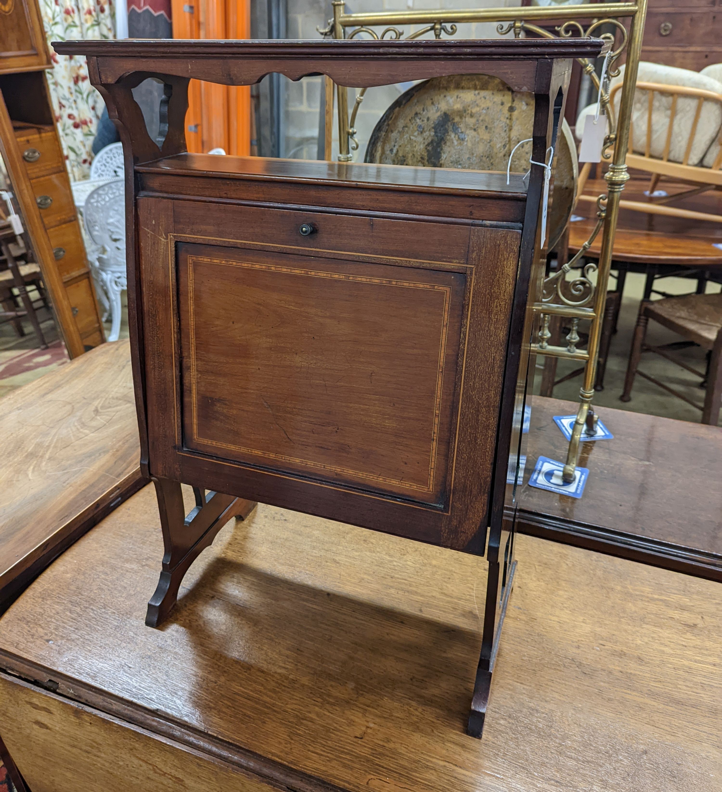 An Edwardian satinwood banded mahogany newspaper stand, width 54cm, depth 22cm, height 75cm